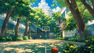 夏日绿荫篮球场