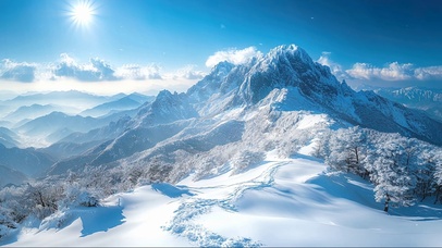 蓝天阳光雪山群峰