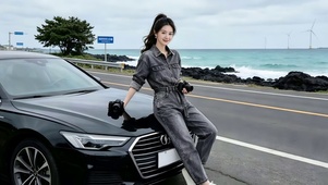 海边自驾游倚在车前拍照的美女