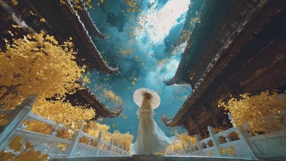 古风银杏，打伞女子