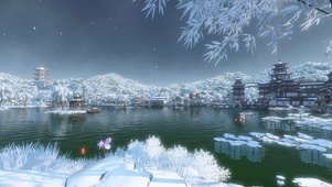 唯美古风冬日雪花湖畔