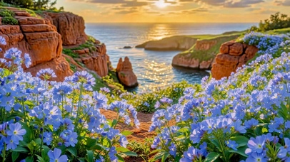 崖边蓝花海与落日海湾