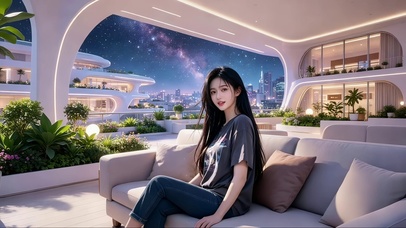 花园露台沙发上休息的美女1