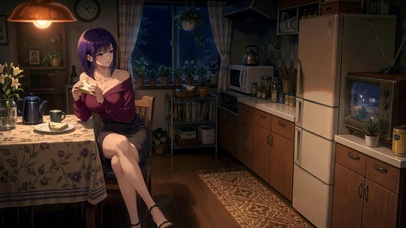 紫发少女夜景厨房