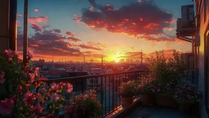 城市浪漫黄昏晚霞阳台