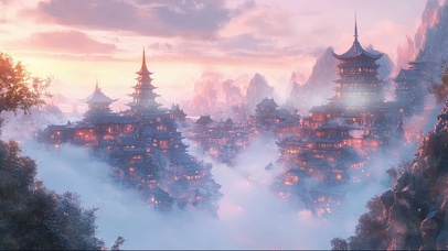 宏伟山林朦胧古城风景