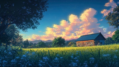 唯美云朵草原森林小屋