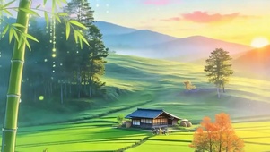 夕阳雨天竹林带鱼屏