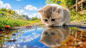 户外可爱小猫水洼倒影
