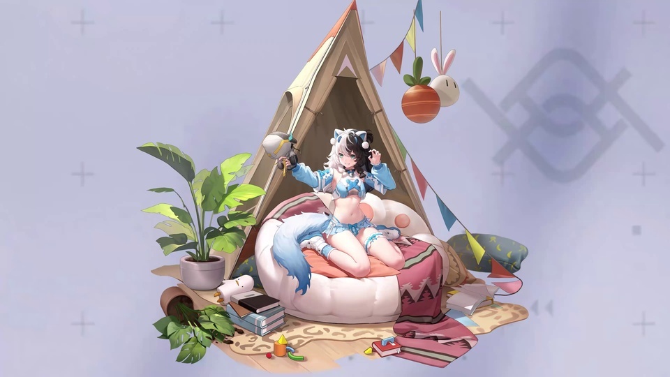 淡紫浅蓝背景里，猫耳少女跪坐在露营帐篷前的豆袋沙发上，旁侧摆着绿植、书籍和各类小摆件。