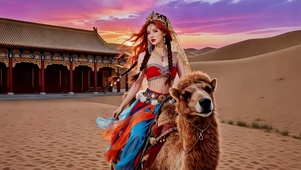 沙漠骑骆驼的新疆红衣美女3