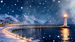 雪景房屋灯塔双屏
