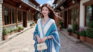 古镇小巷散步的长发美女