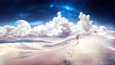 月下樱花漫步流星沙漠中