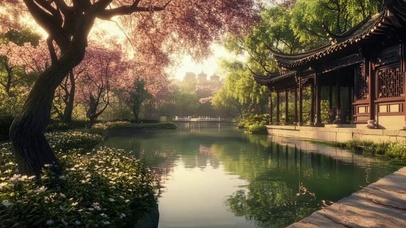 春日唯美庭院池塘美景