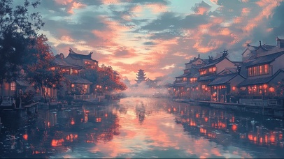 水天一色古城建筑倒影