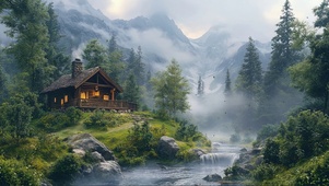 云雾山林溪流小屋