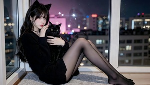 夜景窗边猫耳美女抱黑猫