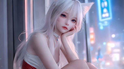 窗边狐耳白发少女