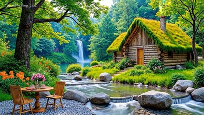 4k青苔河流小屋