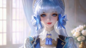 窗边柔光里的蓝发少女