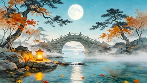 秋天月下古桥