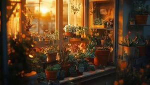 阳光黄昏植物温馨窗台