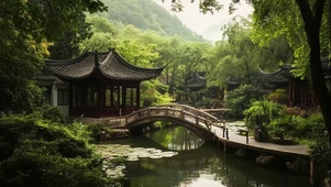 夏日幽静森林古桥庭院