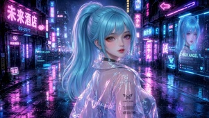 赛博朋克雨夜蓝发美少女