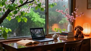 窗边看书听雨