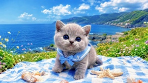 海边野餐的可爱小灰猫