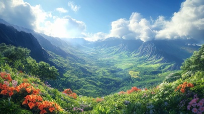 蓝天阳光鲜花绿色山谷