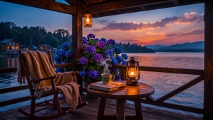 傍晚夕阳灯火湖