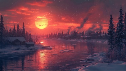 落日积雪湖畔静谧小镇