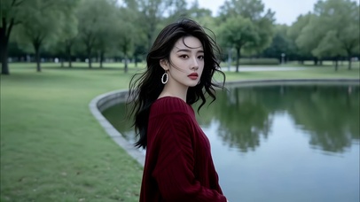 公园清澈湖边红衣美女