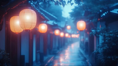 蓝调静谧清幽古城雨夜