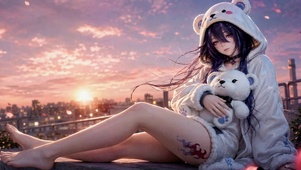 落日天台小熊紫发美少女