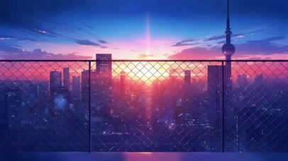 围栏外的城市黄昏