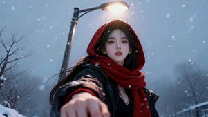 雪夜路灯下的红围巾美少女