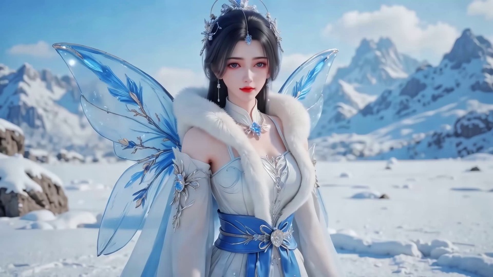 身着白蓝古风裙装配冰蓝蝶翼的少女立于雪原，身后是连绵雪山与淡蓝云天
