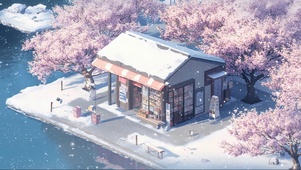 大雪纷飞湖畔粉色商店