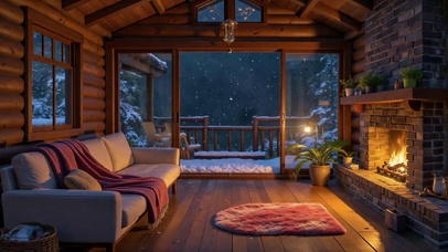温馨雪夜暖炉木屋