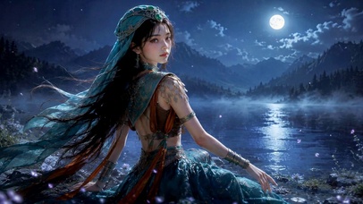 月夜河畔异域古风美女