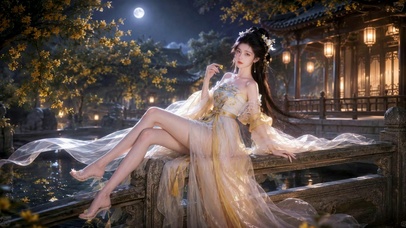 月夜古风庭院仙系古装美女