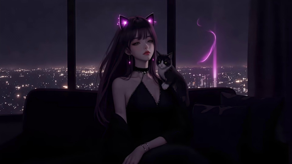 佩戴发光紫色猫耳的长发二次元女性，肩头蹲着一只黑白双色家猫，背景是高空落地窗外灯火连片的城市夜景，整体为暗紫深黑配色。