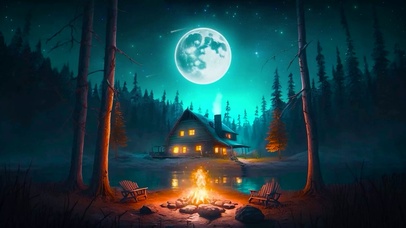夜晚圆月湖边篝火小屋