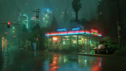 雨雾霓虹城市便利店