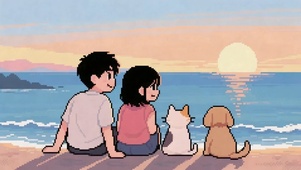 像素风看海情侣和猫狗