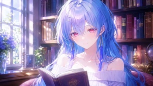 窗边读书的紫发二次元美少女