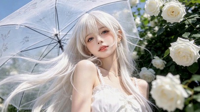 白玫瑰花丛银发清纯美少女